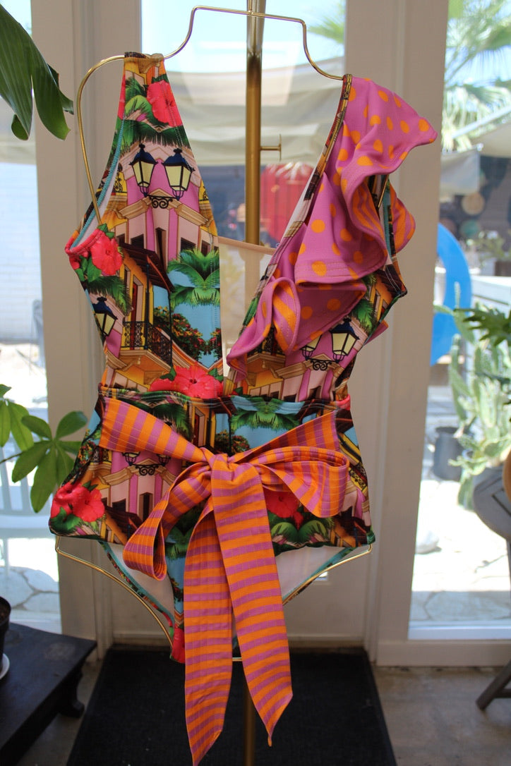 Village Print Ruffle Swimsuit